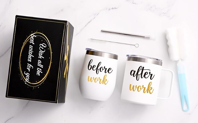 Gtmileo Insulated Coffee Mug & Wine Tumbler Gift Set - White & Gold, 12oz, Office Christmas Gifts for Coworkers & Bosses