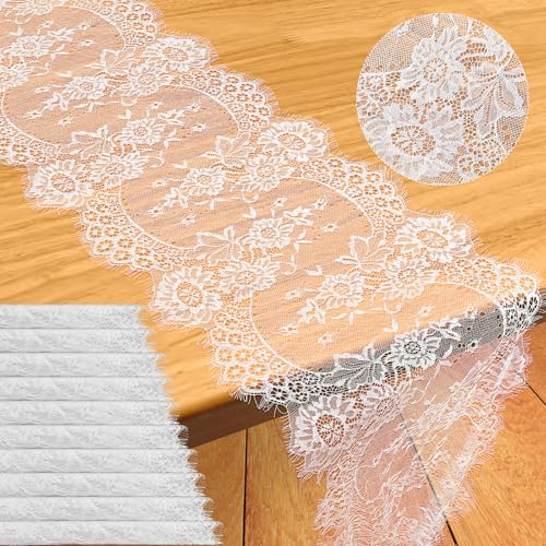 12 Pack White Lace Table Runners 14x120 Inch for Wedding & Party Decor