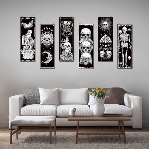 6-Piece Gothic Skull Wall Art Set, Wooden Boho Sun and Moon Decor