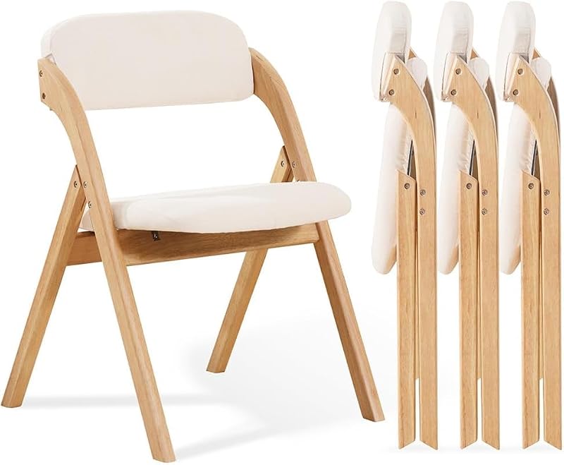 Set of 4 Wooden Folding Dining Chairs with Padded Linen Cushions, Beige