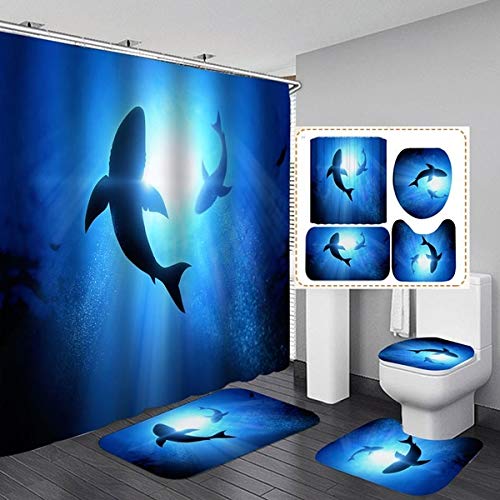4-Piece Fantasy Shark Shower Curtain Set with Non-Slip Bath Rugs