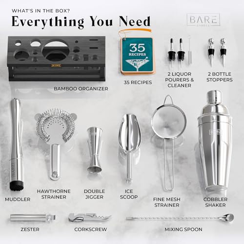 Bare Barrel® 24oz Silver & Black Cobbler Cocktail Shaker Bar Set with 16 Tools & Recipe Cards
