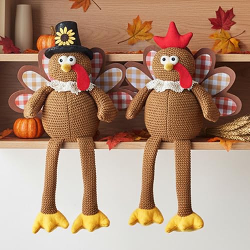 Plush Turkey Couple Decor Set with Dangling Legs - Fall Tabletop Centerpiece