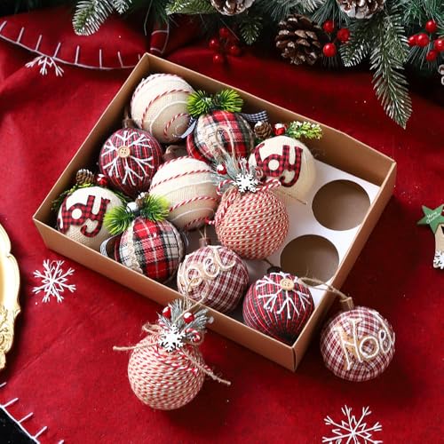 12 Pack Rustic Christmas Tree Ornaments - Farmhouse Burlap Decorations