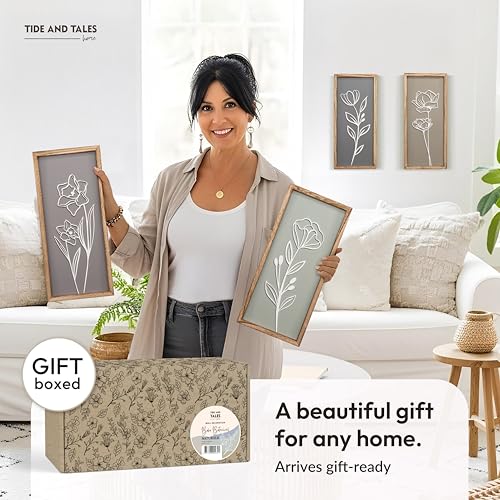 3D Floral Framed Wall Art Set, 4-Piece Wooden Botanical Boho Decor
