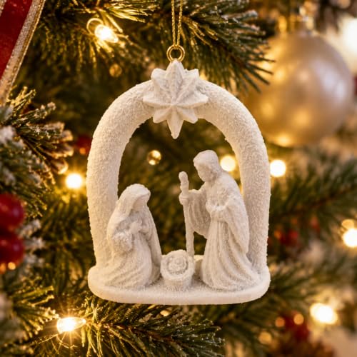 Nativity Scene Christmas Ornaments Set - Holy Family Religious Decor, Snowy Finish, 6-Pack