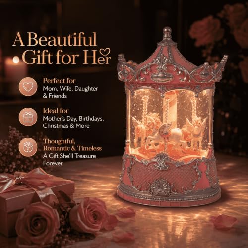 Pink Carousel Horse Snow Globe Music Box with Rotating Lights and Timer