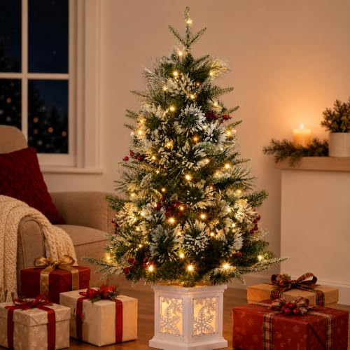 Garvee 3ft Christmas Tree with Snowman Base – Fiber Snowflake 2 Pack, Easy Indoor Setup