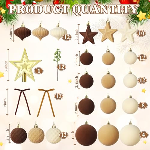 Hollowfly 95-Piece Velvet Christmas Ornament Set in Coffee Brown Beige – Includes 48 Velvet Balls, 12 Glitter Berry Stems, 12 Flocking Bows, 12 Lantern Balls, 10 Stars, Top Star