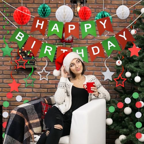 Christmas Birthday Party Decorations 34-Piece Set: Banner, Honeycomb Balls, Swirl Stars & Garlands