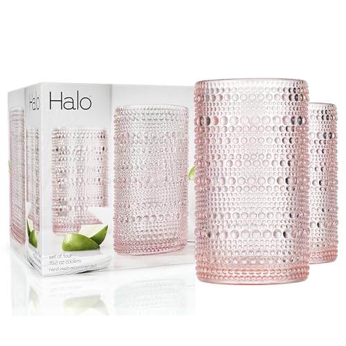 Pink Hobnail Drinking Glasses Set - 15 oz Vintage Beaded Bubble Glassware