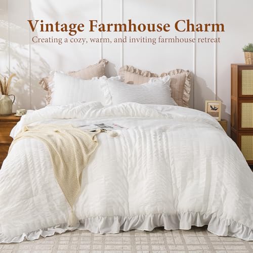 White Ruffle Seersucker Queen Comforter Set - 3-Piece Soft Bedding Set