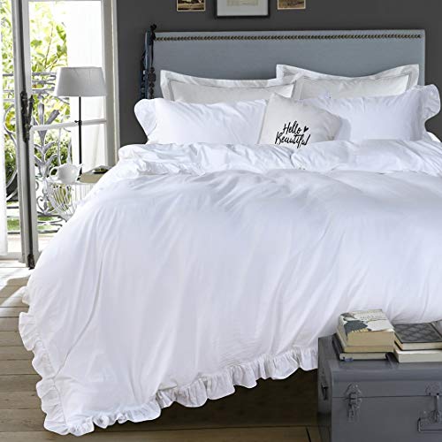 White Ruffled Duvet Cover Set, 3-Piece Queen Washed Cotton Bedding