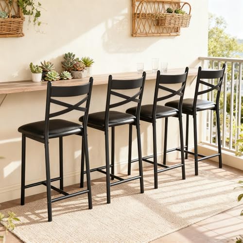 26-Inch Counter Height Bar Stools with Back - Set of 4, Black PU Leather