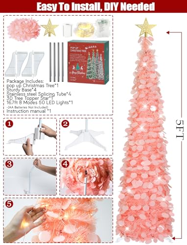 HMASYO 5ft Dreamy Pink Pop Up Tinsel Christmas Tree with Timer Lights
