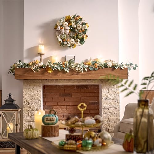 6ft Pre-Lit Fall Garland with Pumpkins & Warm LED Lights for Mantle