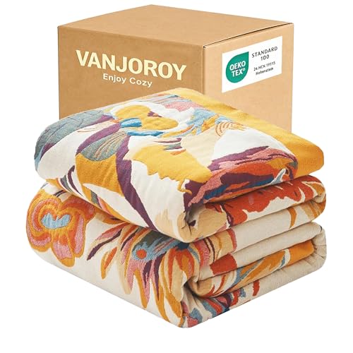 Boho Cotton Throw Blanket 50x60, Soft Breathable Farmhouse Bed & Couch Quilt