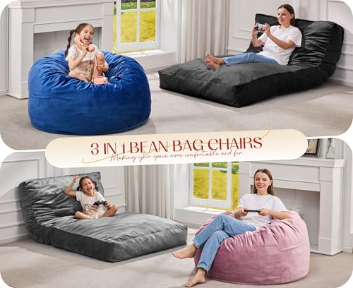 3-in-1 Queen Size Convertible Bean Bag Chair and Floor Bed - Blue Velvet