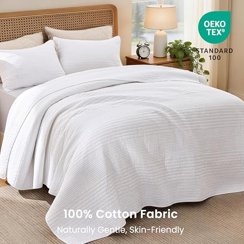 Love's Cabin Queen Cotton Quilt Set - Striped Textured White Coverlet