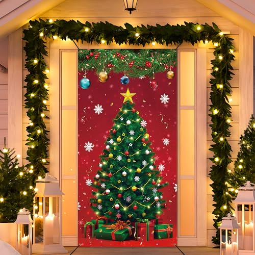 Christmas Front Door Cover 70.9 x 35.4 in Merry Christmas Banner Door Decor