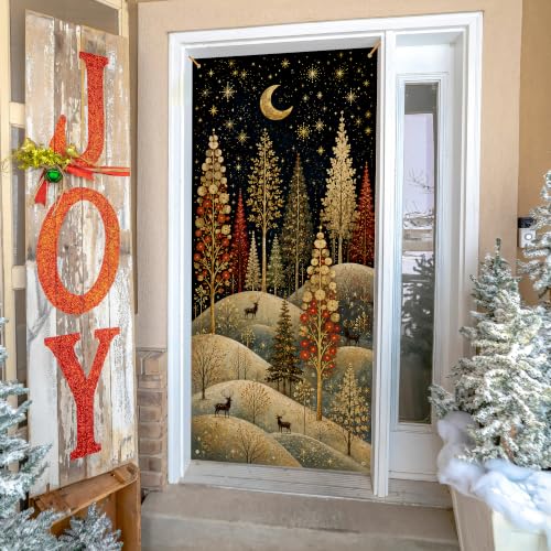 JINYO Whimsical Christmas Tree Reindeer Door Cover — 35x79 in, Festive Curtain