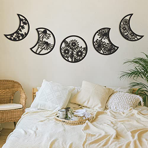 5-Piece Moon Phase Wall Art Set, Wooden Boho Hanging Decor for Bedroom