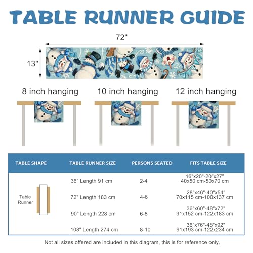 Croar Winter Skiing Snowman Blue Table Runner 13 x 72 in - Christmas Snowflake Decoration