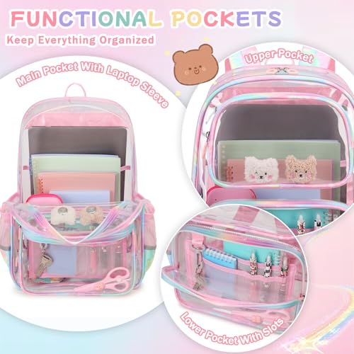 Heavy Duty Clear Backpack for Girls - Pink Transparent School Bookbag