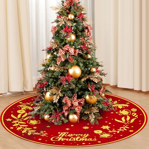 Merry Christmas Tree Skirt,48 inches Xmas Decorations Red Gold