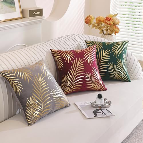 TAOSON 2 Pack Wine Red Velvet Pillow Covers 18x18 with Gold Leaves