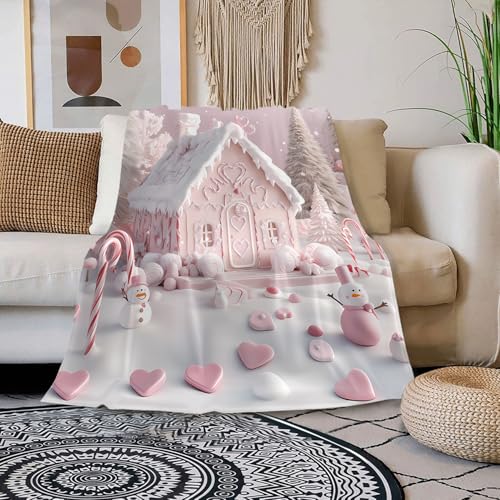 YunTu Christmas Gingerbread House Blanket Pink Holiday Snowman Throw 50"x60"