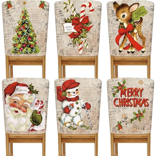 Retro Series Christmas Chair Cover Set - 6 Stylish Elastic Slipcovers for Dining Chairs