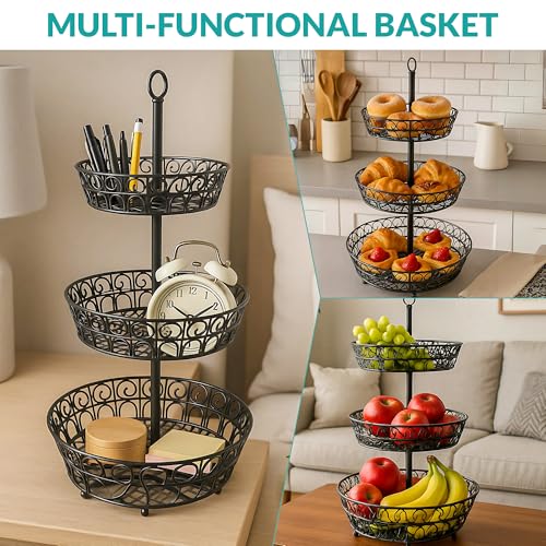 SDZOREN Large 3-Tier Fruit Basket for Kitchen Counter – Easy to Assemble, Antique Black, Stackable Fruit and Vegetable Storage (3 Layers, Round)