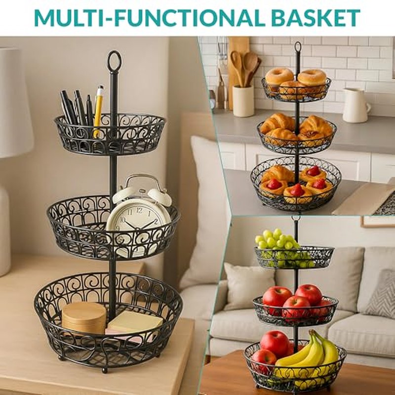 SDZOREN Large 3-Tier Fruit Basket for Kitchen Counter – Easy to Assemble, Antique Black, Stackable Fruit and Vegetable Storage Bowl (3 Layers)