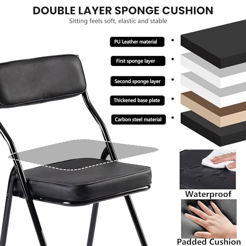 2 Pack Black Padded Folding Chairs, Heavy-Duty Metal Foldable Dining Chairs