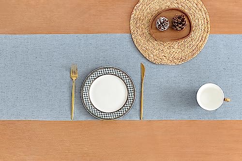 Wracra Dusty Blue Burlap Linen Table Runner 13x90 Inches - Handmade Rustic Decor