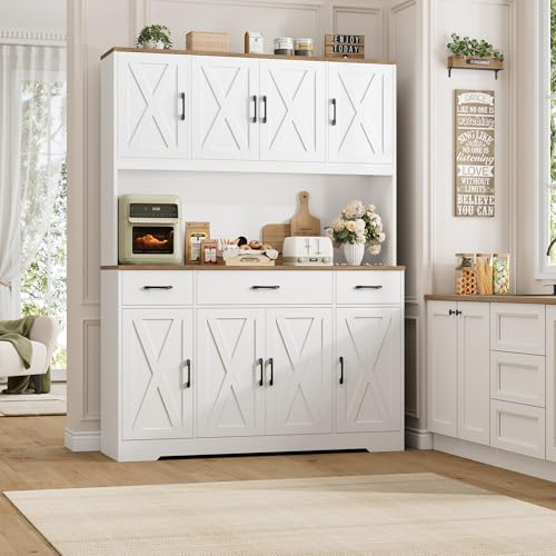 71" Tall Farmhouse Kitchen Pantry Cabinet with Charging Station & Countertop