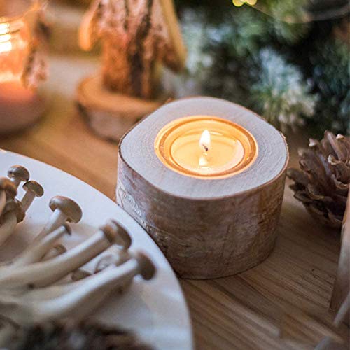 Natural Birch Wood Tealight Candle Holders - Set of 4 Rustic Log Decor
