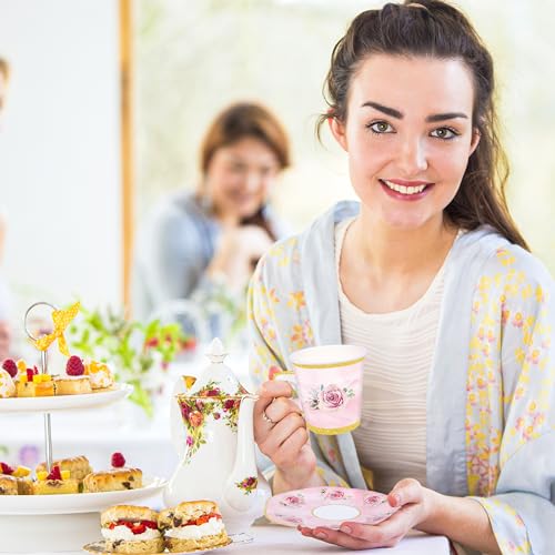 50 Pcs Pink Floral Disposable Tea Cups & Saucer Sets with Gold Rim for Parties - Serve 25 Guests
