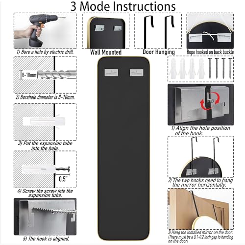 47x14 Full Length Mirror, Over-the-Door or Wall Mounted Aluminum Frame