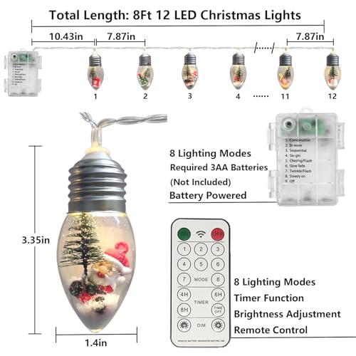 Fonusty 8ft Snow Globe Battery-Operated Christmas Lights, 12 LED with Timer - Indoor String Lights for Bedroom Porch Garden (12 Count Tree Lights Variant)