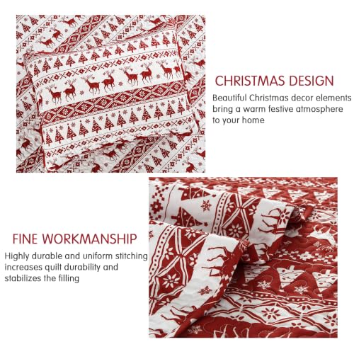 CAROMIO Queen Size Christmas Quilt Set 90x96 White/Red Holiday Bedding