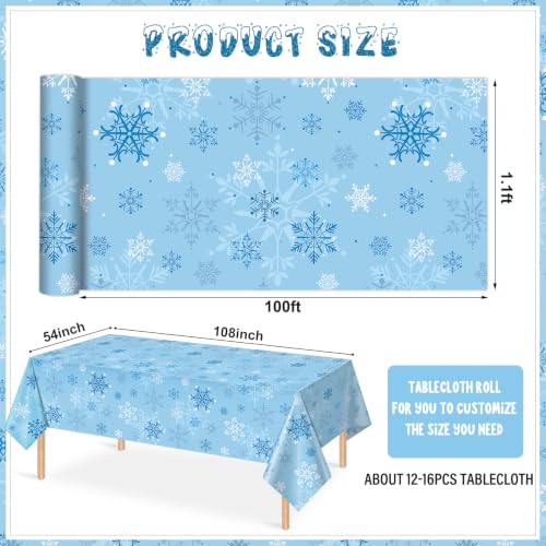 Light Blue Snowflake Christmas Tablecloth Roll 4.5 x 100 ft - Disposable Backdrop for Winter Party