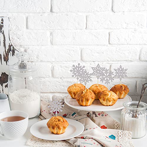 Ephlyn Silver Snowflake Cupcake Toppers 24Pcs Winter Wonderland Party Decorations