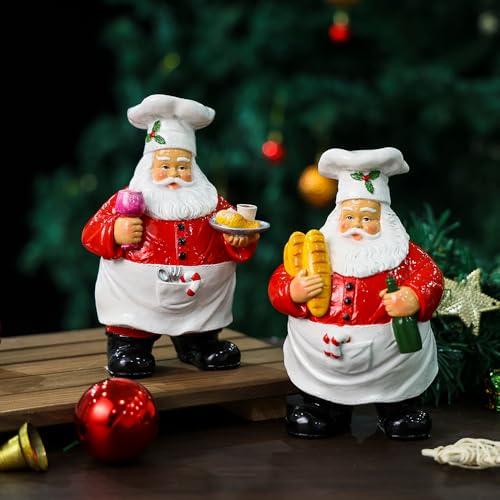 Chef Santa Claus Tabletop Figurine - Resin Christmas Decor with Wine & Bread