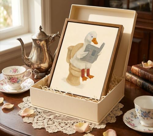 Funny Bathroom Goose Canvas Wall Art - Retro Duck Reading Newspaper Poster 8x10