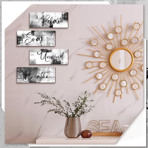 4-Piece Modern Bathroom Wall Art Set, 10x4 Inch Black and White Wooden Signs