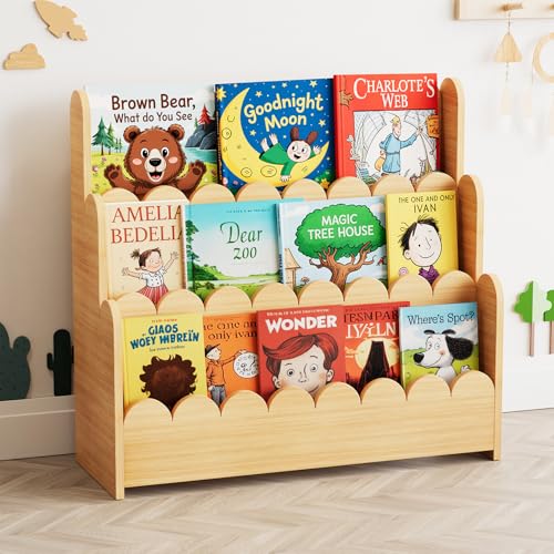 3-Tier Wooden Montessori Bookshelf for Toddlers - Scalloped Kids Bookcase