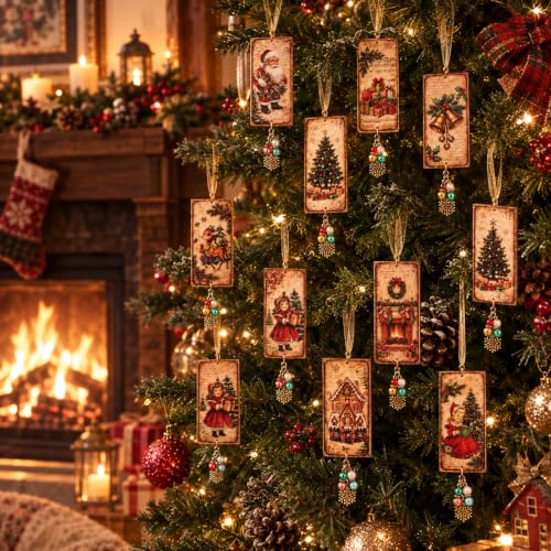 Kigeli 12-Pack Vintage Wooden Christmas Ornaments - Double-Sided Rustic Snowman, Santa, Reindeer & More