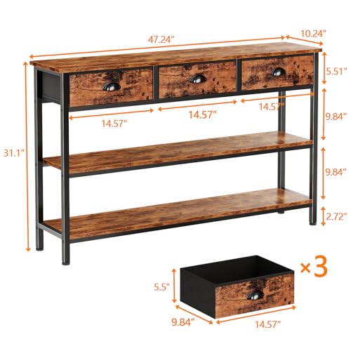 47-Inch Console Table with 3 Drawers and 3-Tier Shelves, Rustic Industrial